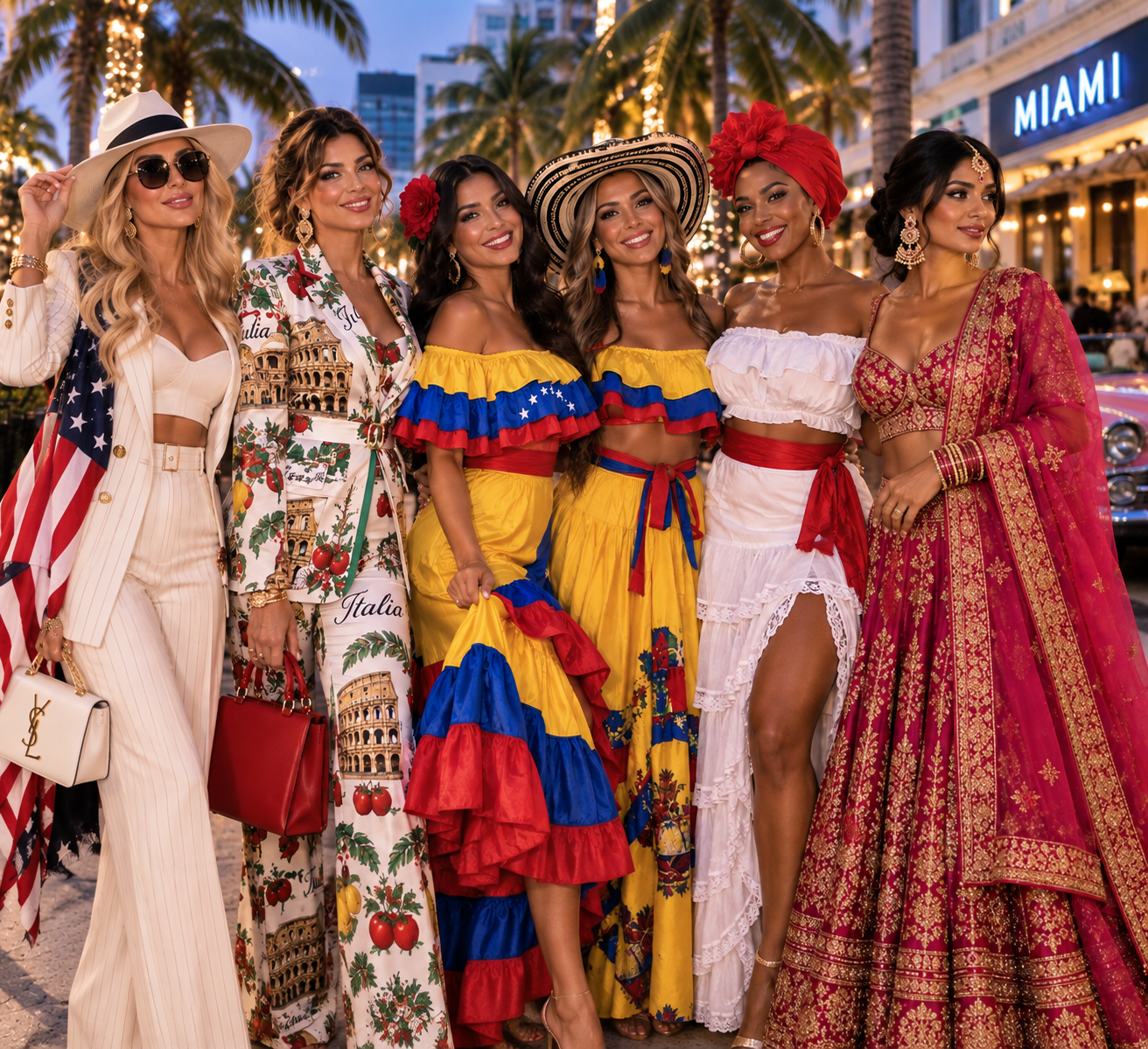 Six women in vibrant international fashion on Miami's iconic streets